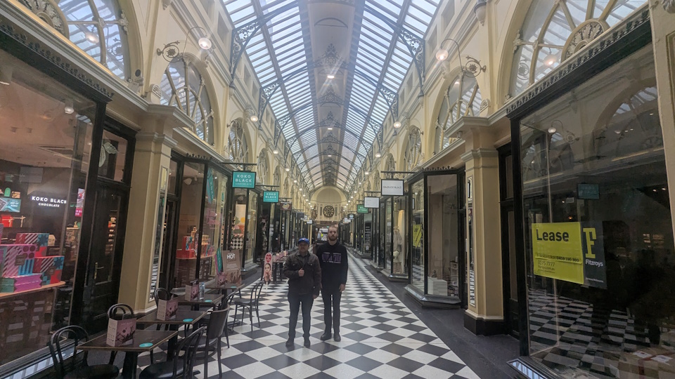 My friends Tiger Katsanis and Aiden Osbourne in the Royal Arcade.