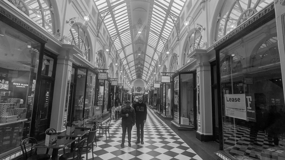 My friends Tiger Katsanis and Aiden Osbourne in the Royal Arcade. A black and white filter has been applied.