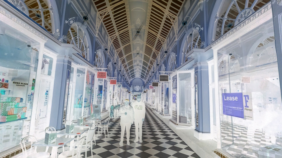 My friends Tiger Katsanis and Aiden Osbourne in the Royal Arcade. A colour inversion filter has been applied.