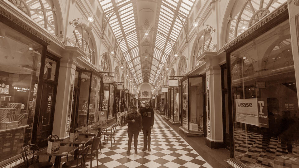 My friends Tiger Katsanis and Aiden Osbourne in the Royal Arcade. A sepia filter has been applied.